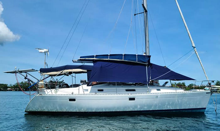 'Magic Badger', a Beneteau Oceanis 381, at anchor in the Caribbean