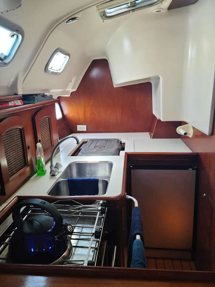 The galley in a Beneteau Oceanis 381 sailboat