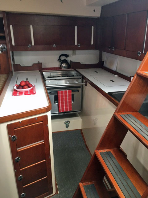 The galley in a Morgan 41 Classic sailboat