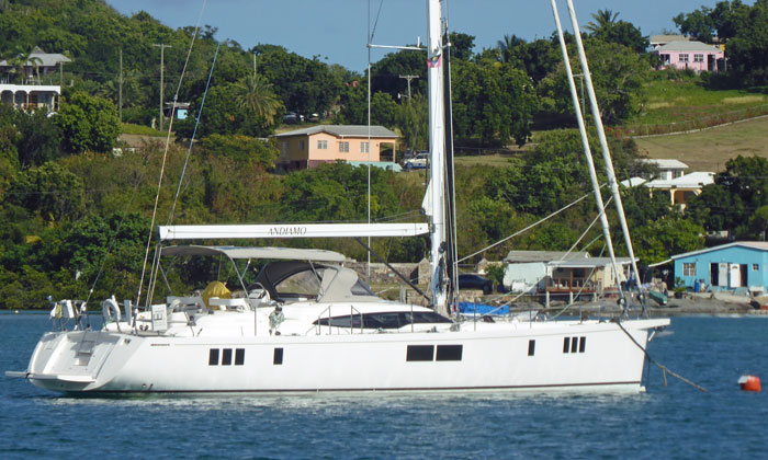 'Andiamo', a Solent-rigged Gunfleet 58 sloop at anchor in Falmouth Harbour, Antigua