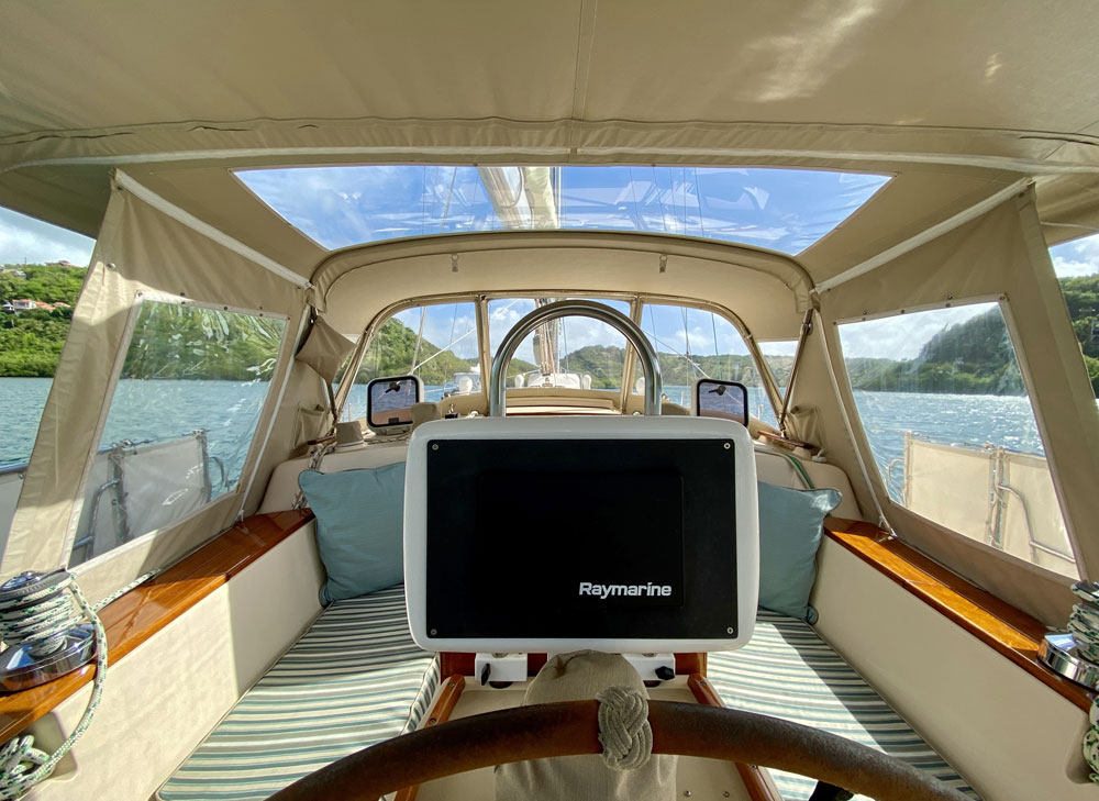 Chartplotter installed at helm on sailboat
