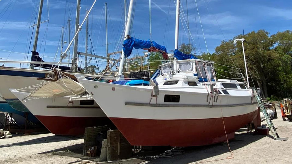 A Wharram Tiki 38 ashore